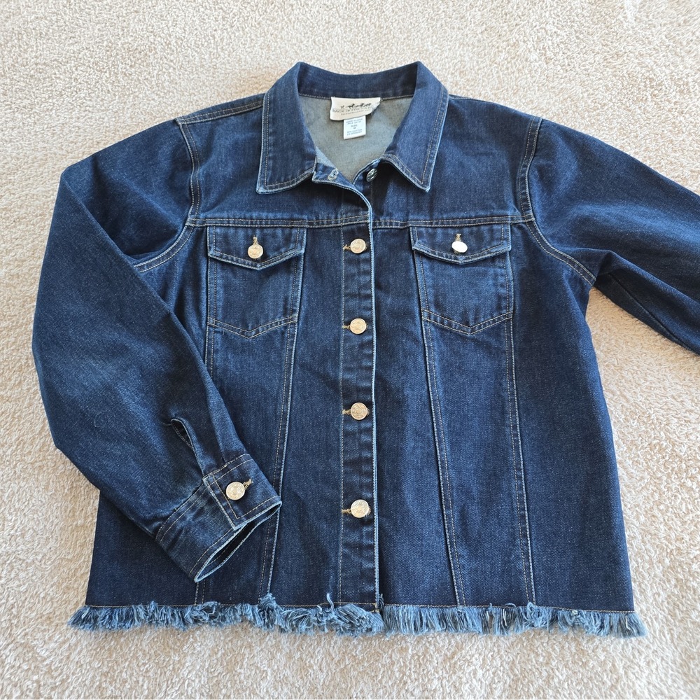 Back In The Saddle Denim Jean Jacket Raw Hem Layering Stretch Sz M Dark Wash